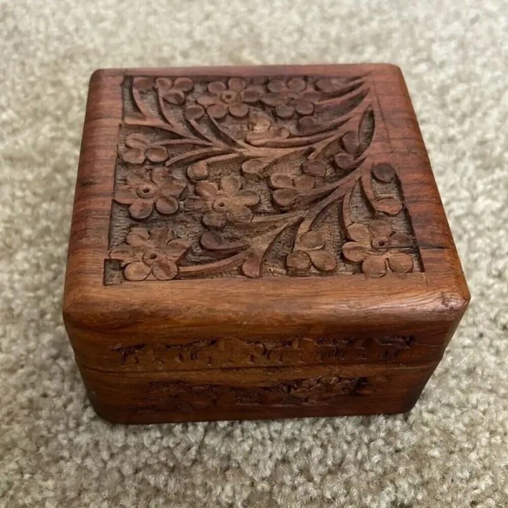 Hand Carved and Nailed Ornate Wooden Square Trinket Box